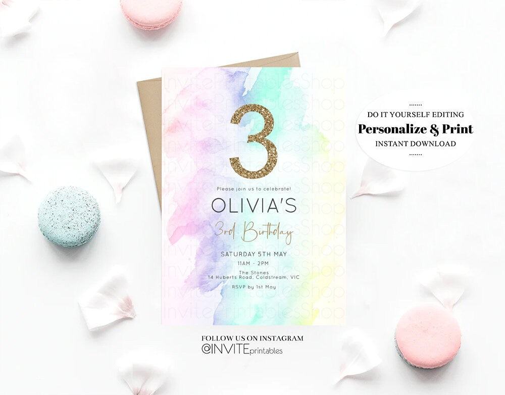 Pastel Rainbow Birthday Invitation Colorful Watercolor Splash Ombre Ink Paint Art Purple Pink Blue Yellow Modern Gold Printable Invite