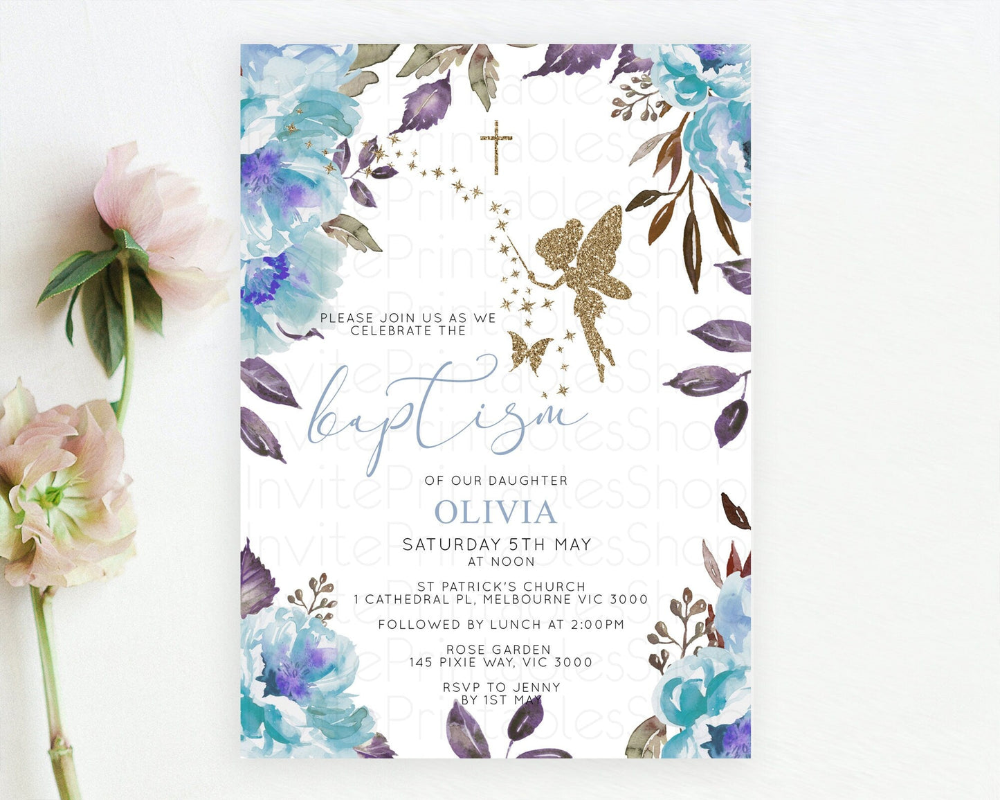 Fairy Baptism Invitation Fairy Baptism 1st Birthday Invitation Enchanted Secret Garden Christening Invite Pastel Floral Butterfly D10728