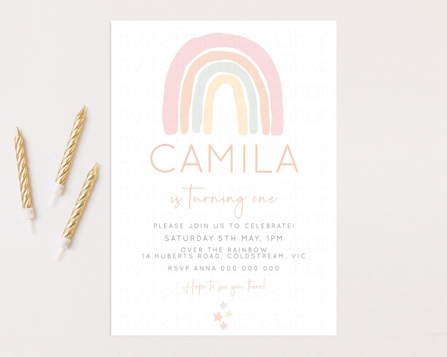 Boho Rainbow Birthday Invitation Colorful Pastel Invitation Heart Rainbow Invite Watercolor Orange Green Blue Pink 1st 2nd 3rd Birthday 14