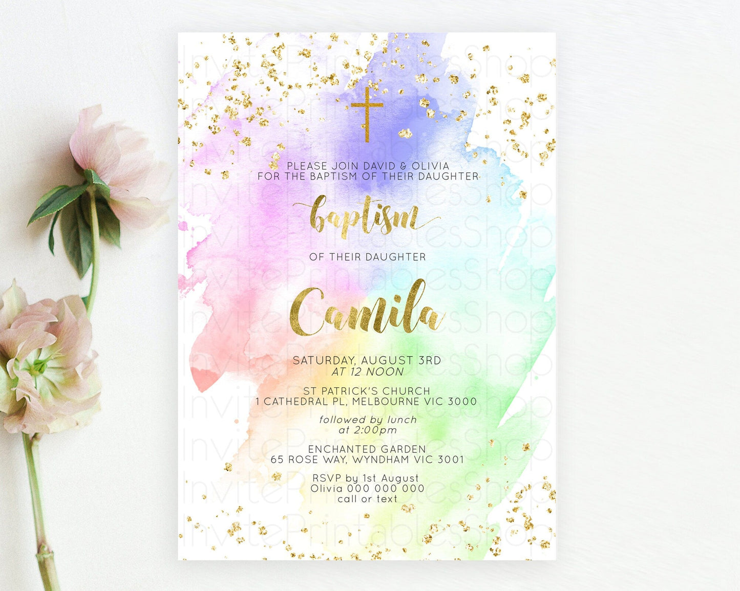 Pastel Baptism Invitation Pastel Colors Watercolor Baptism 1st Birthday Party Gold Ombre Pastel Rainbow Christening Holy Communion D10876