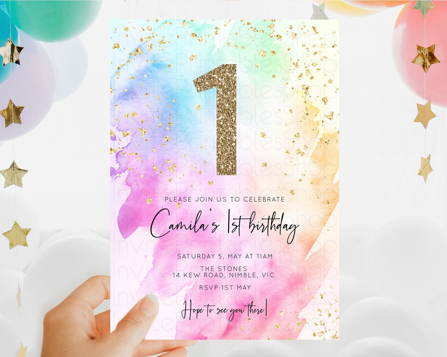 Rainbow Birthday Invitation Colorful Pastel Watercolor Invitation Gold Glitter Sprinkles Ombre Pastel 1st 2nd 3rd Birthday D10449