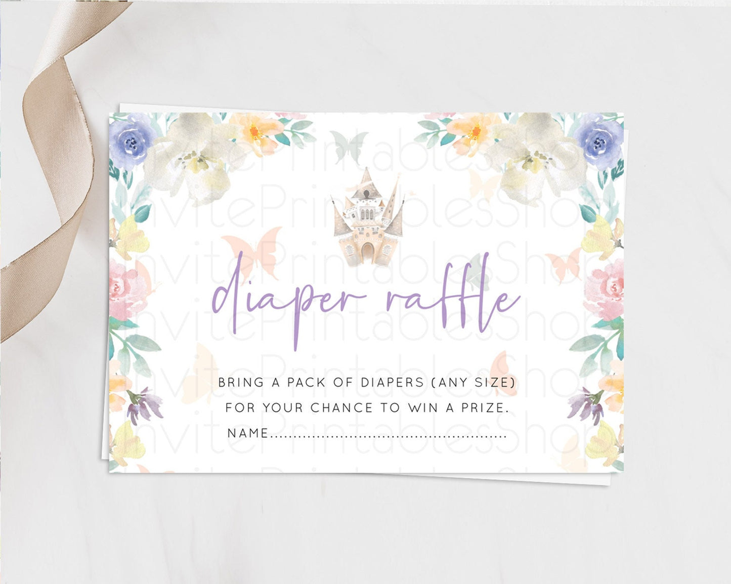 Princess Diaper Raffle Card Castle Diaper Ticket Insert Secret Garden Enchanted Castle Pastel Floral Garden Baby Shower Poem Request D10709