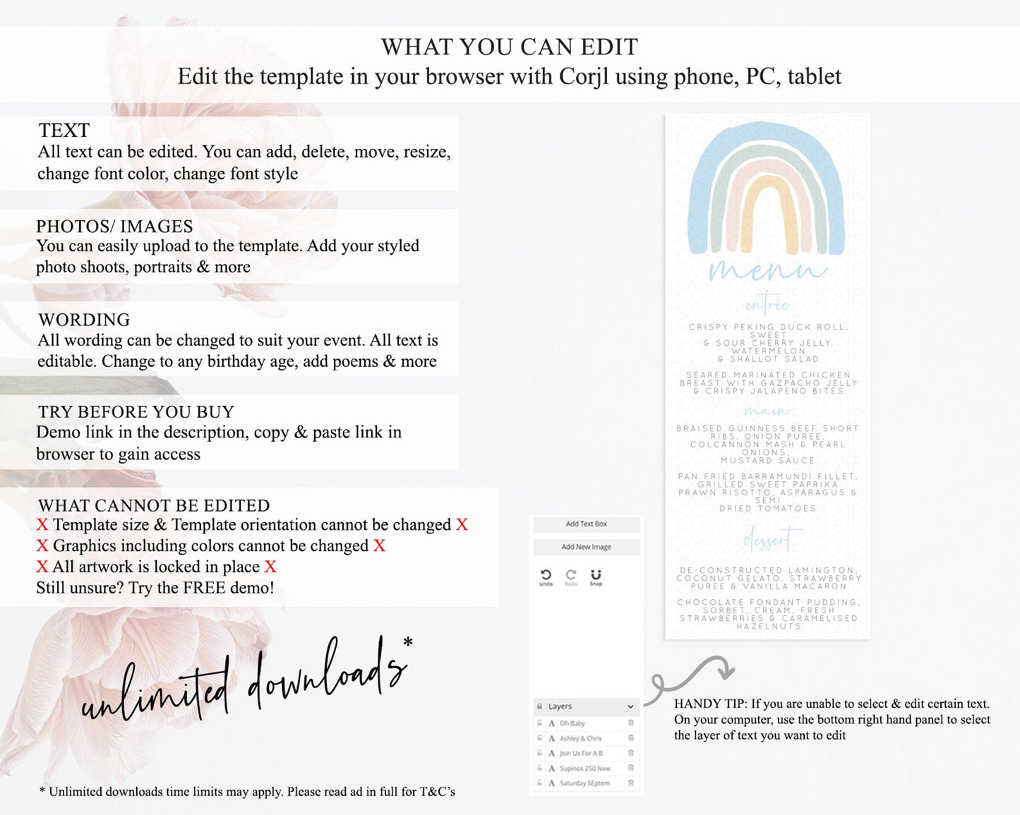 Pastel Rainbow Menu Boho Rainbow Menu Template Rainbow Boho Table Decor Pastel Rainbow Dinner Dessert Menu Rainbow Party Food Menu D10200