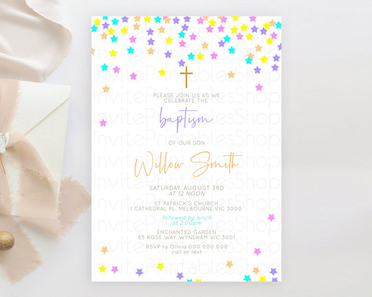 Star Baptism Invitation Pastel Stars Baptism 1st Birthday Invitation Rainbow Colors Confetti Twinkle Little Star Christening Invite D10397