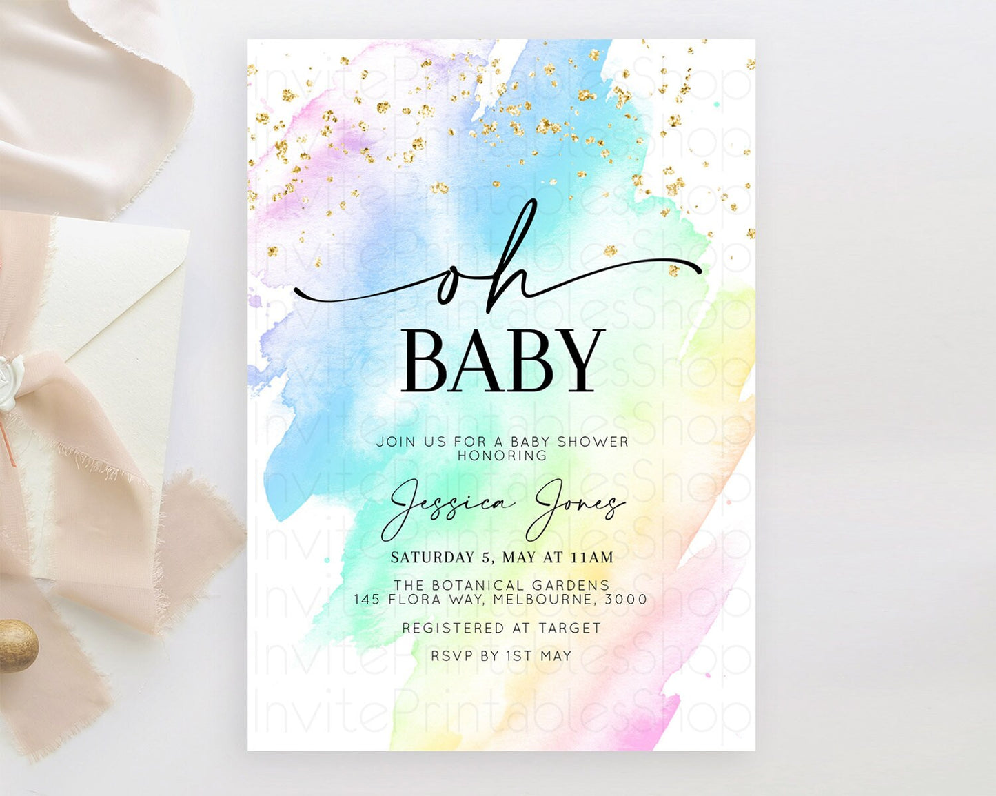 Pastel Baby Shower Invitation Rainbow Baby Shower Invitation Colorful Pastel Watercolor Invitation Gold Glitter Sprinkles Ombre D10640