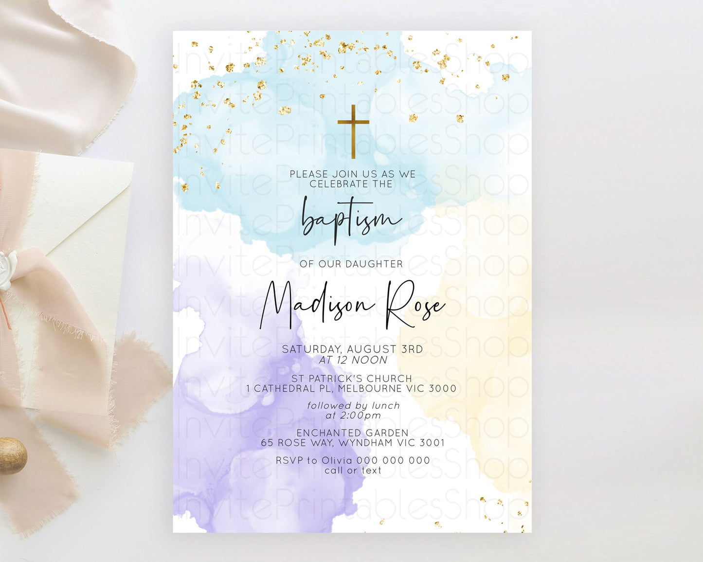 Pastel Baptism Invitation Pastel Colors Watercolor Baptism 1st Birthday Party Gold Ombre Pastel Rainbow Christening Holy Communion D10208