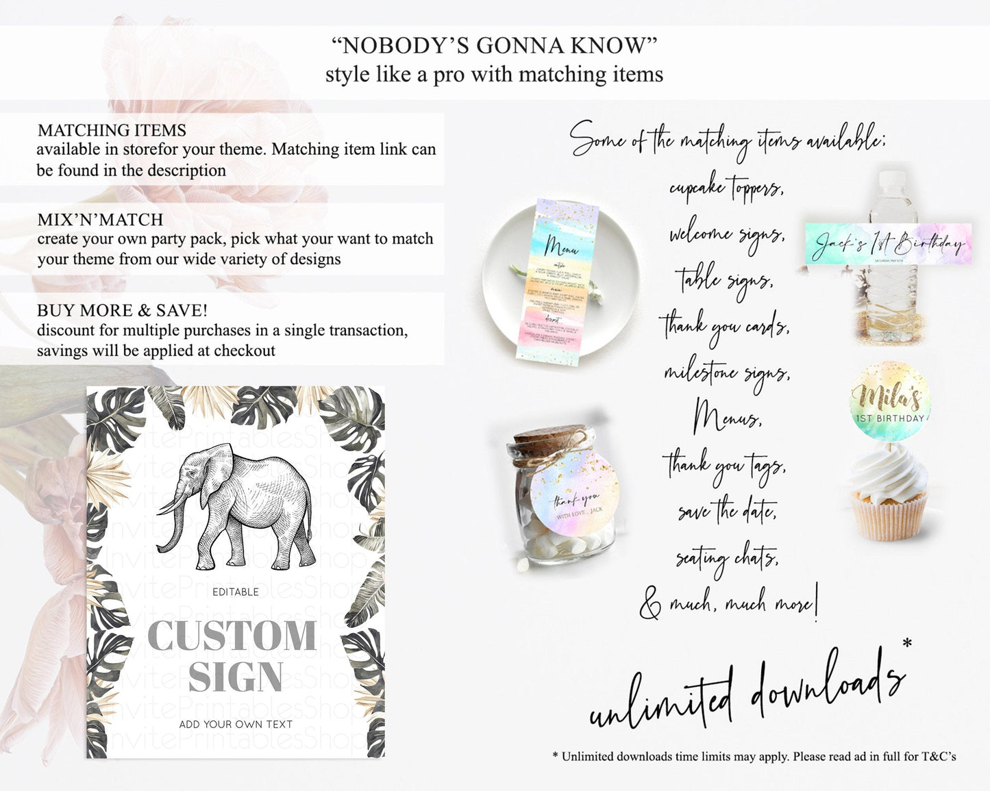 Elephant Sign Elephant Safari Adventure Party Table Sign Decor Dried Palm Fern Zoo 1st Birthday Baptism Baby Shower Bridal Shower D10806