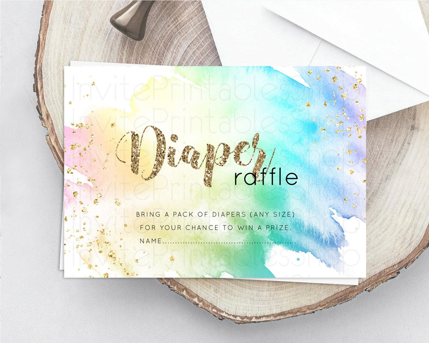 Pastel Diaper Raffle Card Pastel Rainbow Diaper Raffle Insert Colorful Ombre Watercolor Diaper Ticket Confetti Glitter Raffle Game D10256