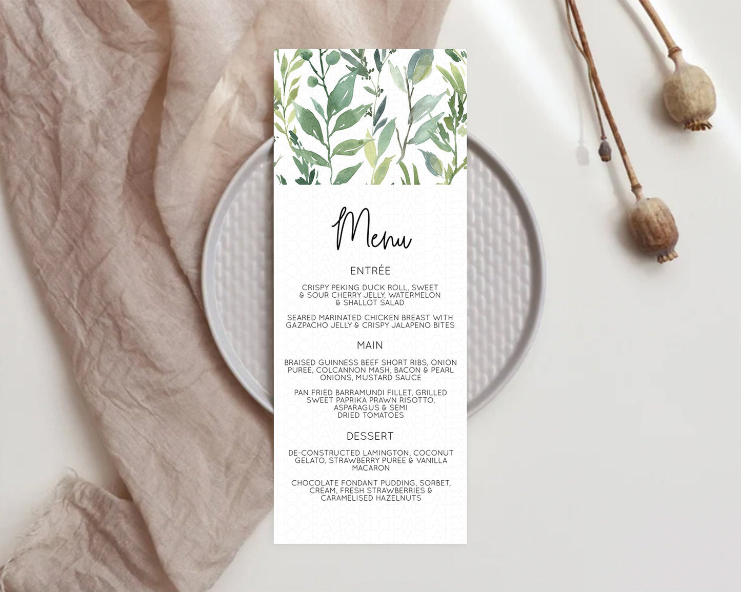 Leafy Menu Green Leaf Menu Template Eucalyptus Fern Leaves Decor Watercolor Boho Garden Leaf Branch Dinner Dessert Party Food Menu D10964