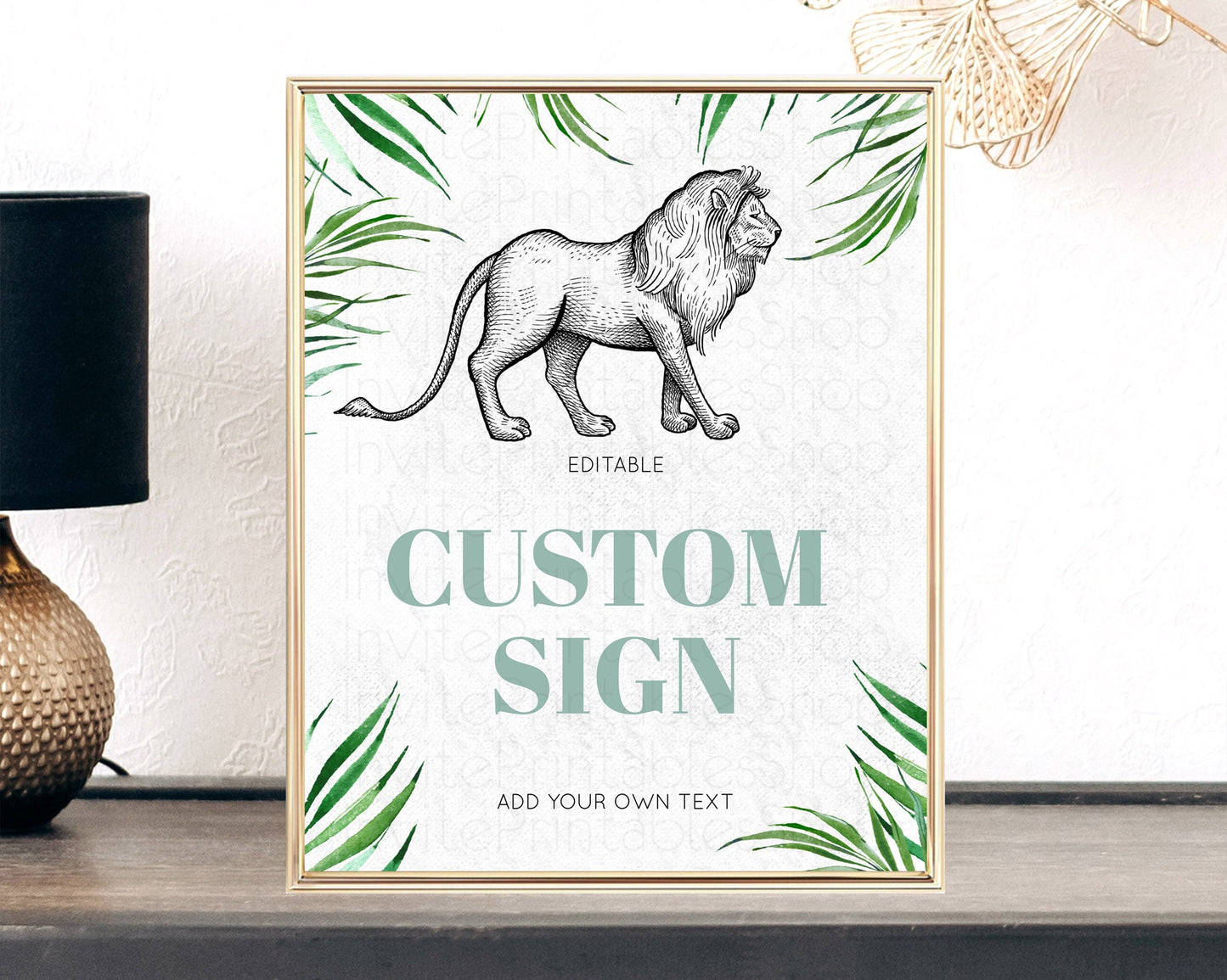 Lion Table Sign Decor Lion Safari Adventure Party Dried Palm Ferns Zoo 1st Birthday Baptism Baby Shower Bridal Shower Wedding D10845