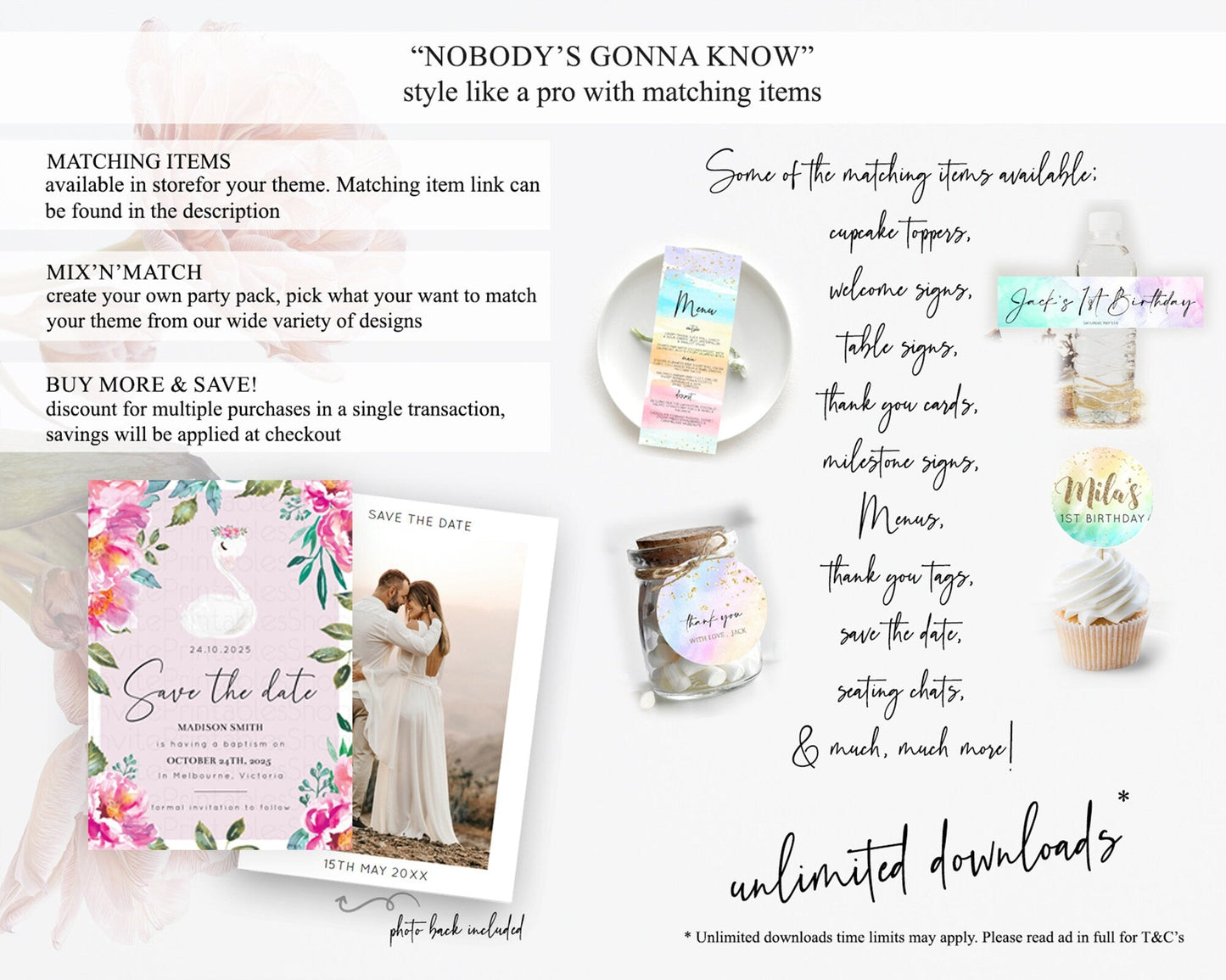 Swan Save The Date Template Swan Princess Ballet Party Enchanted Swan Lake Secret Garden Pastel Floral Birthday Baptism Baby Shower D10757