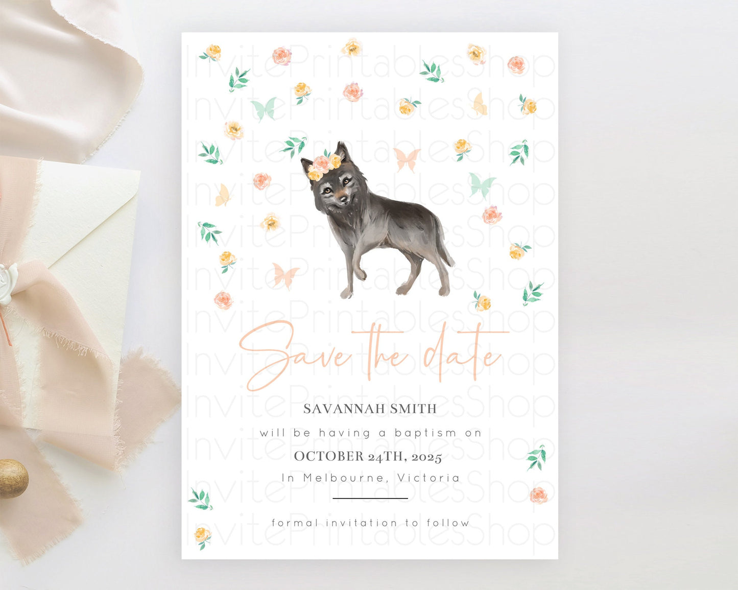 Wolf Save The Date Template Pastel Floral Wolf Party Forest Adventure Wilderness Theme 1st Birthday Baptism Christening Baby Shower D10362