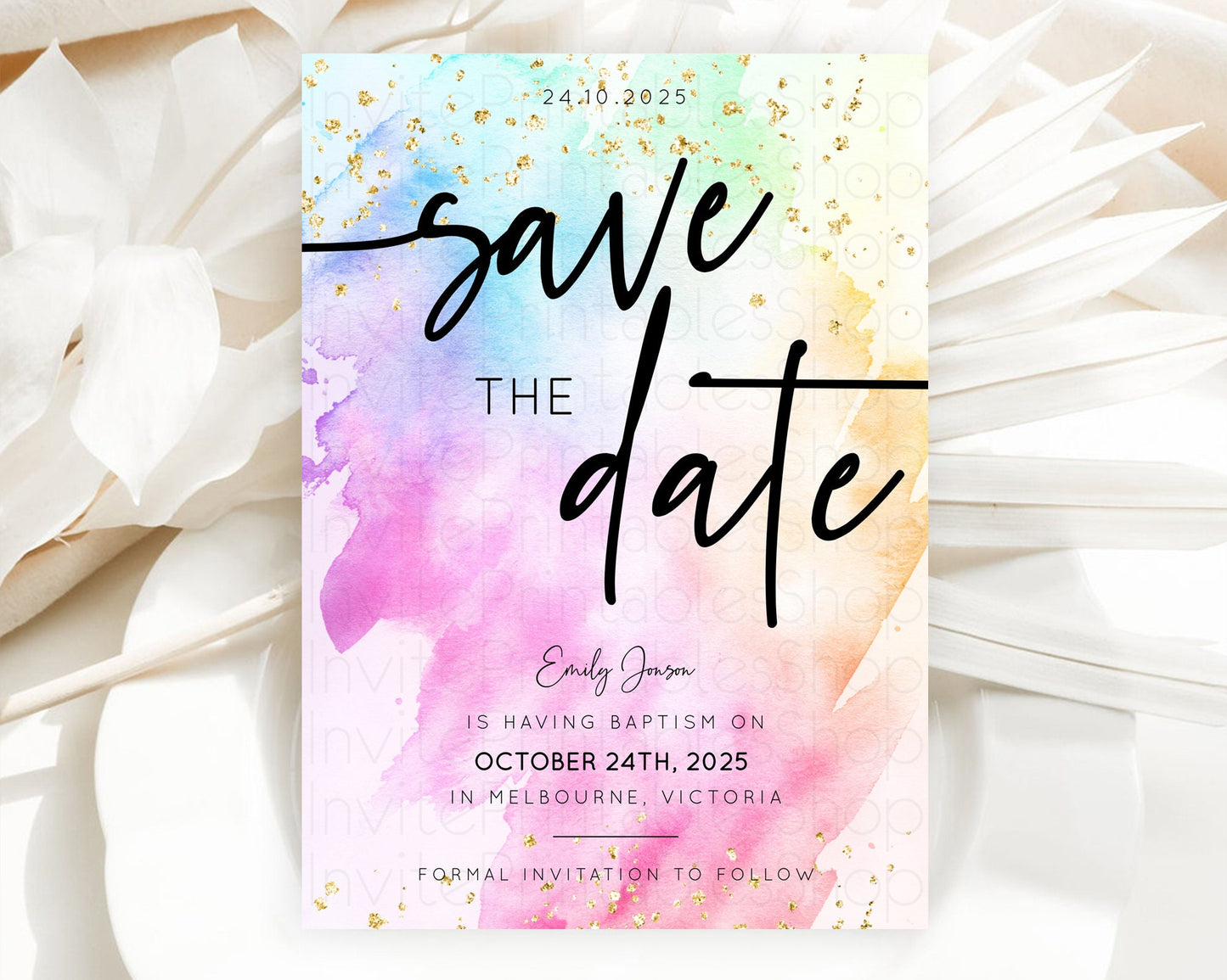 Pastel Save The Date Template Pastel Ombre Rainbow Watercolor Colorful Party For Birthday Baptism Baby Shower Wedding Bridal Shower D10449