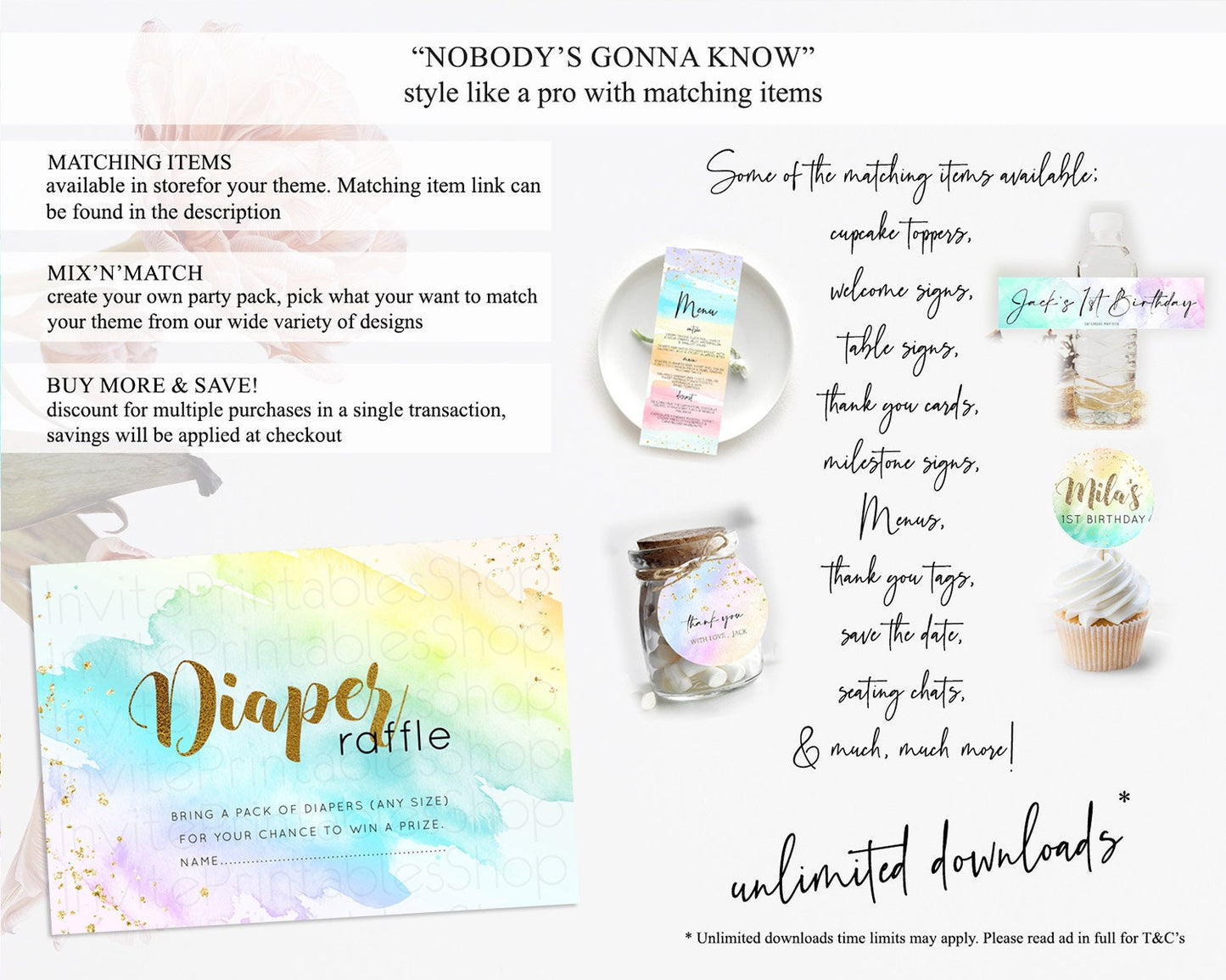 Pastel Diaper Raffle Card Pastel Rainbow Diaper Raffle Insert Colorful Ombre Watercolor Diaper Ticket Confetti Glitter Raffle Game D11026