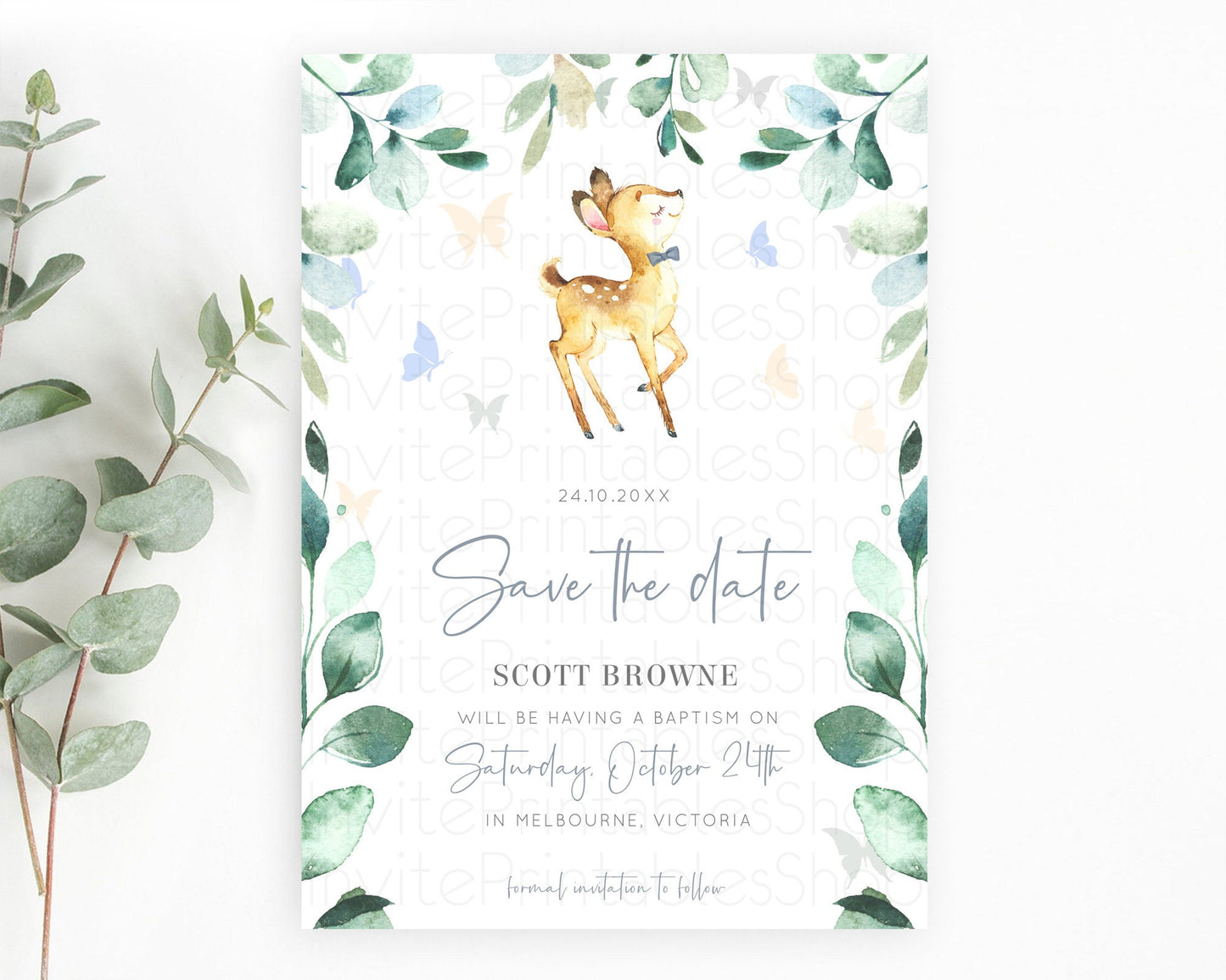 Fawn Deer Save The Date Template Pastel Floral Deer Enchanted Forest Butterfly Party 1st Birthday Baptism Baby Shower Bridal Shower D10767