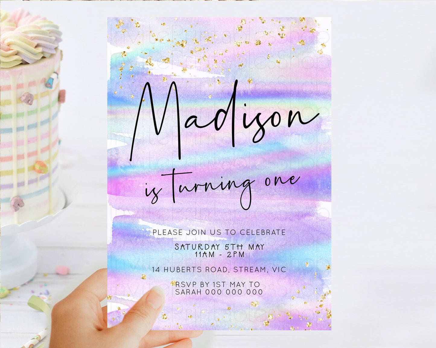 Pastel Birthday Invitation Ombre Watercolor Birthday Invitation Glitter Rainbow Color Splash 1st 2nd 3rd Birthday Invitation D23031