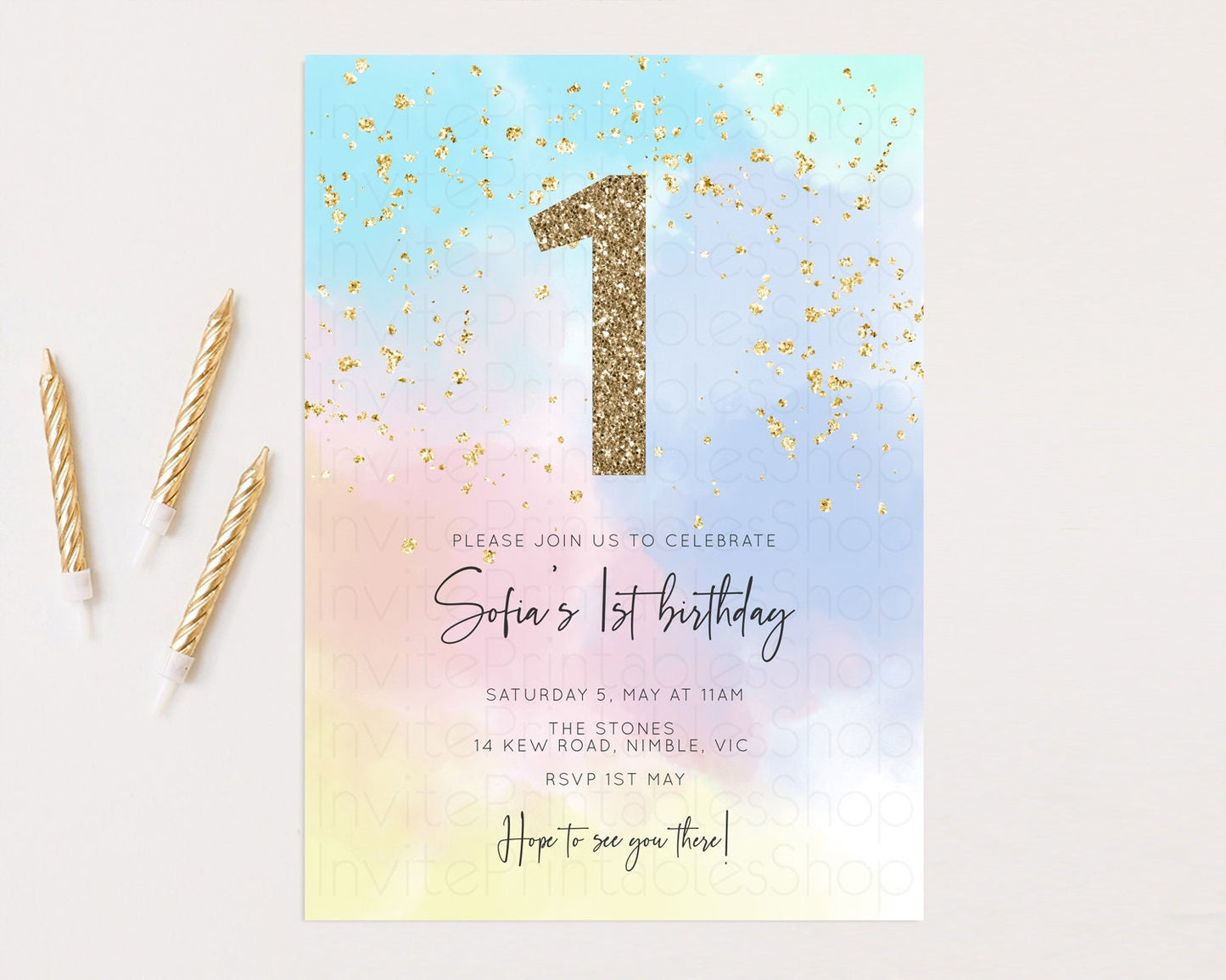 Rainbow Birthday Invitation Pastel Clouds Invitation Rainbow Sky Invite Colorful Watercolor Invite Glitter Sprinkle Invite 1st 2nd 3rd 446