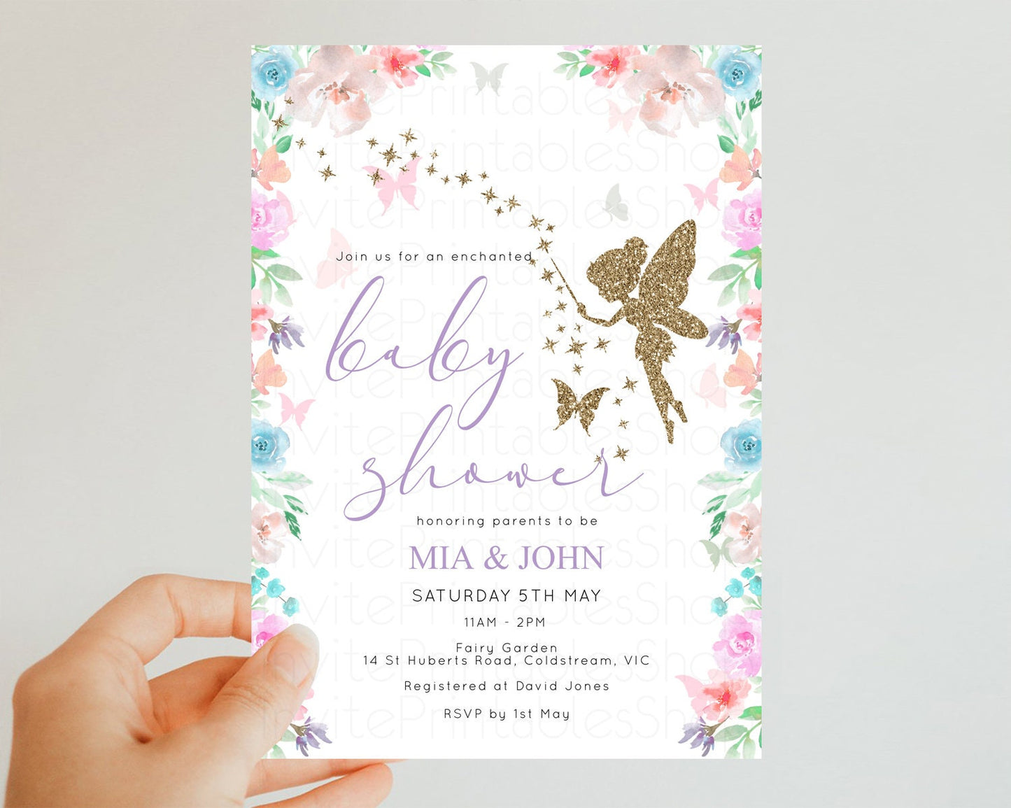 Fairy Baby Shower Invitation Fairy Garden Baby Shower Invitation Enchanted Garden Baby Shower Fairy Glitter Colorful Pastel Floral D10126