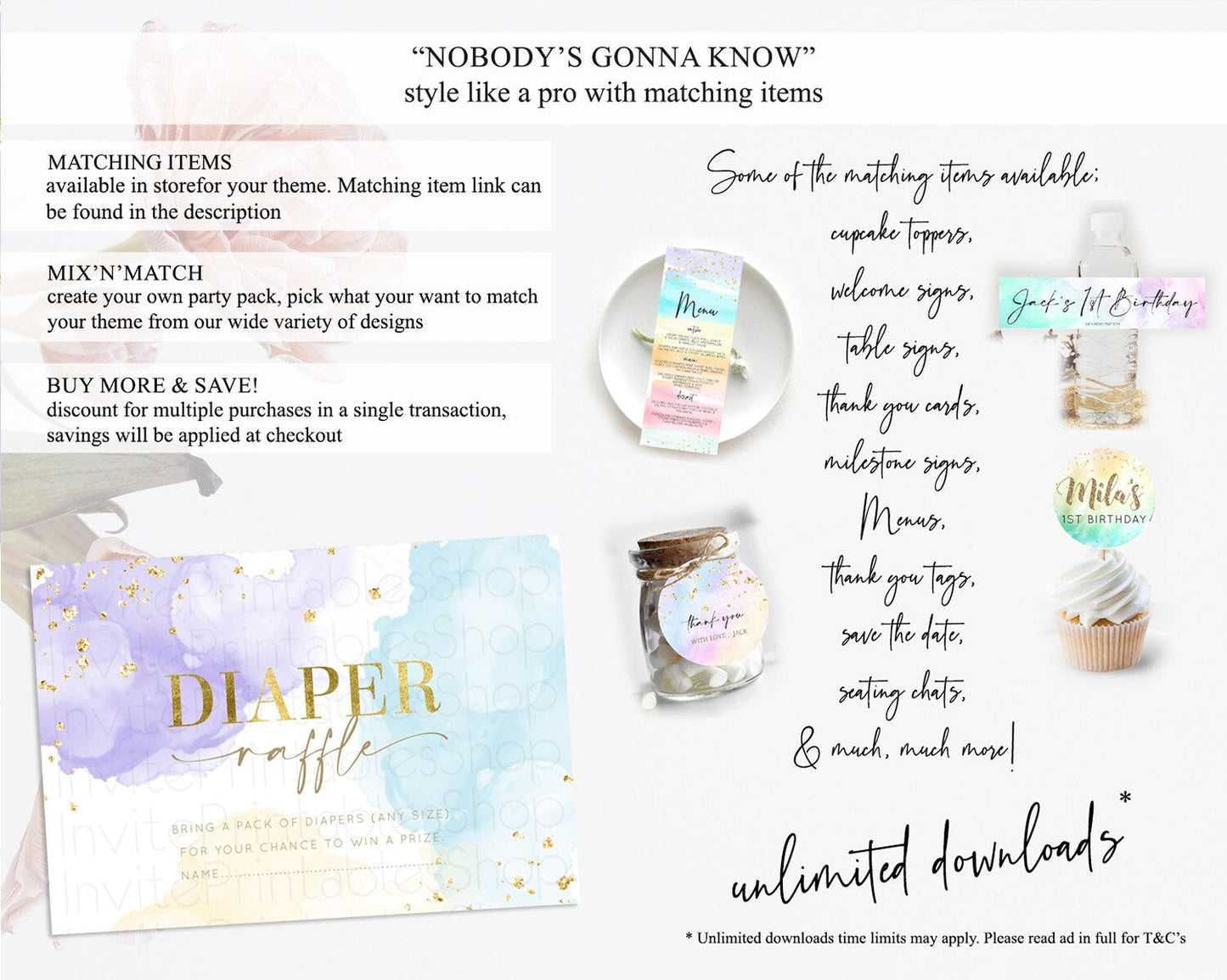 Pastel Diaper Raffle Card Pastel Rainbow Diaper Raffle Insert Colorful Ombre Watercolor Diaper Ticket Confetti Glitter Raffle Game D10206