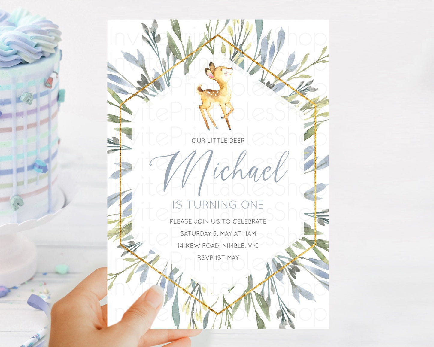 Fawn Birthday Invitation Deer Birthday Invitation Enchanted Forest Party Butterfly Pastel Flowers Whimsical 2nd 1st First Birthday D10400