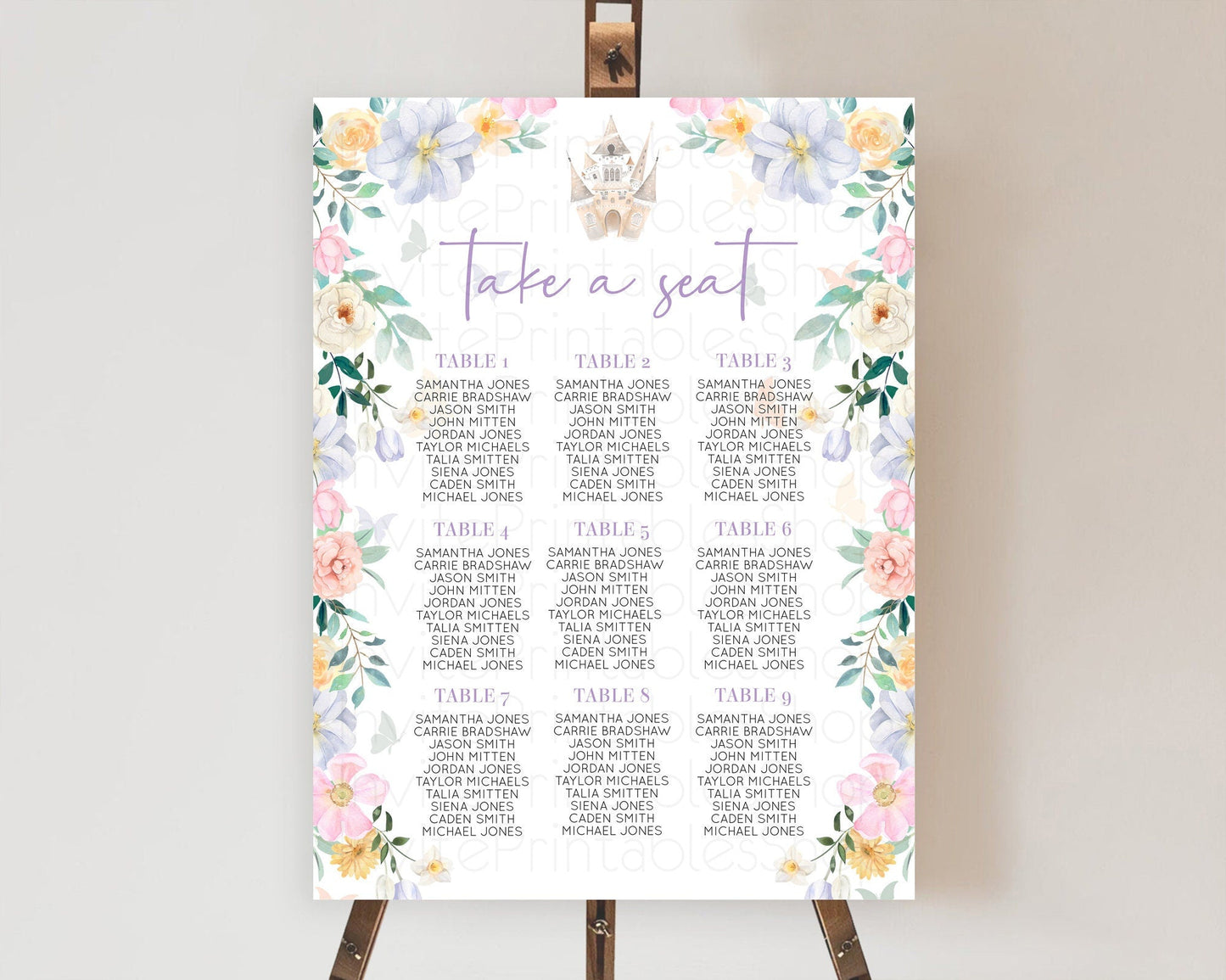 Princess Seating Chart Castle Seating Chart Royal Princess Decor Fairy Tale Enchanted Castle Pastel Floral Garden Table Number Sign D10473