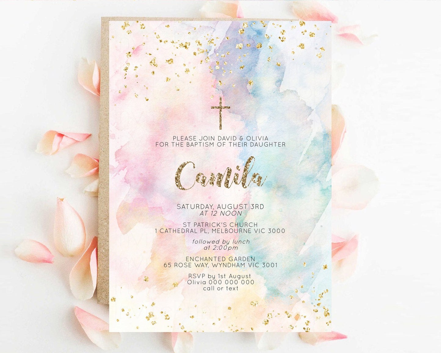 Rainbow Baptism Invitation Pastel Christening Invitation Holy Communion Invitation Glitter Watercolor Splash Invitation Colorful Invite 276