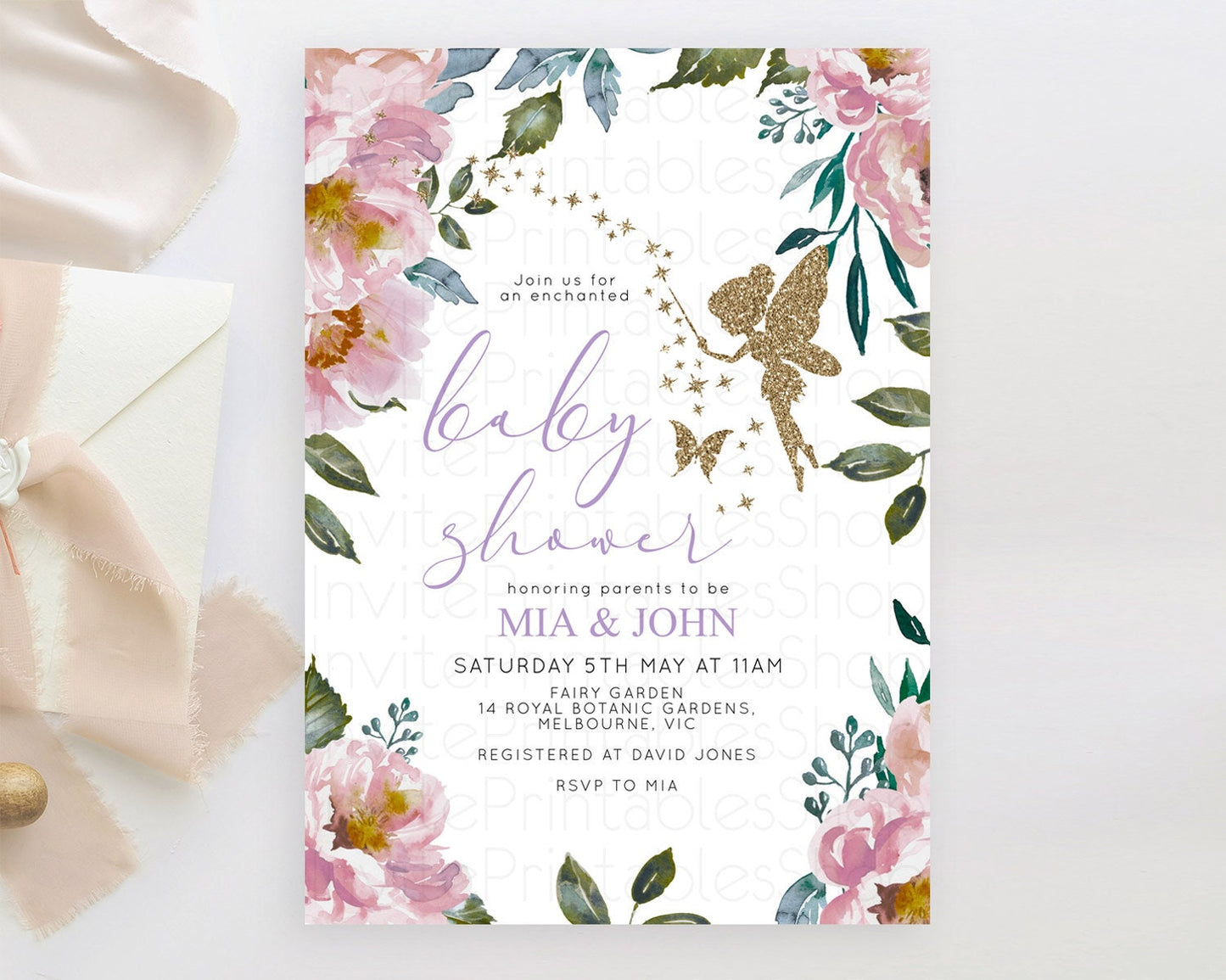 Fairy Baby Shower Invitation Pastel Fairy Invites Fairy Tea Party Fairy Garden Theme Secret Garden Enchanted Garden Floral Butterfly D10727