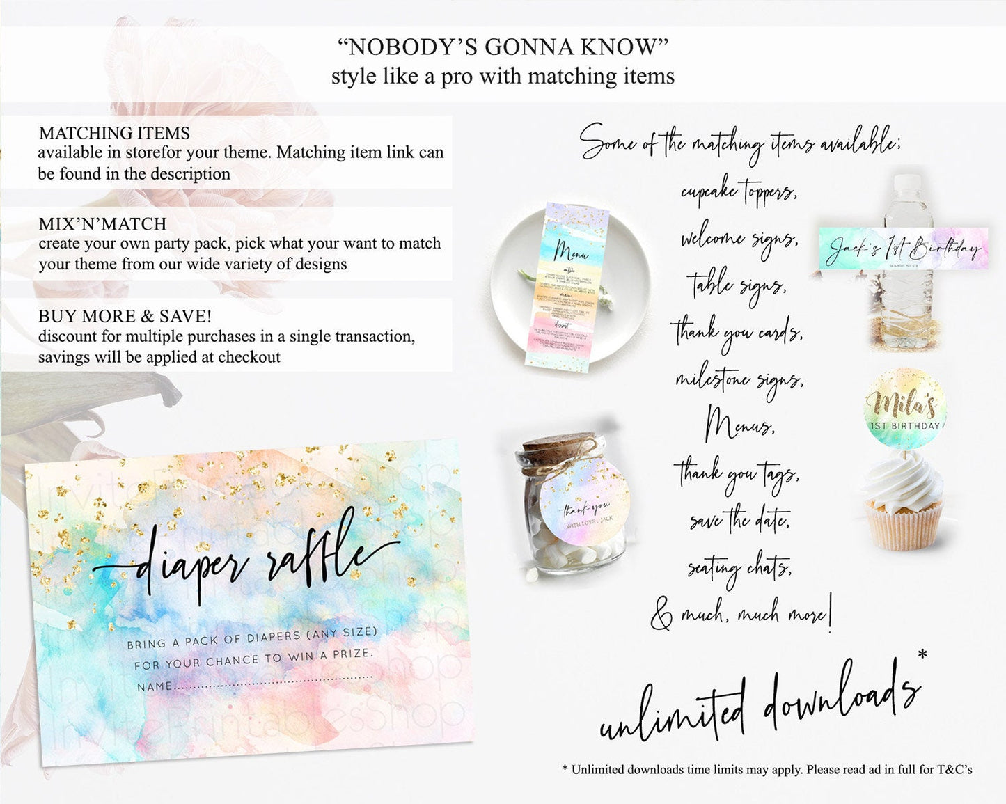 Pastel Diaper Raffle Card Pastel Rainbow Diaper Raffle Insert Colorful Ombre Watercolor Diaper Ticket Confetti Glitter Raffle Game D10260