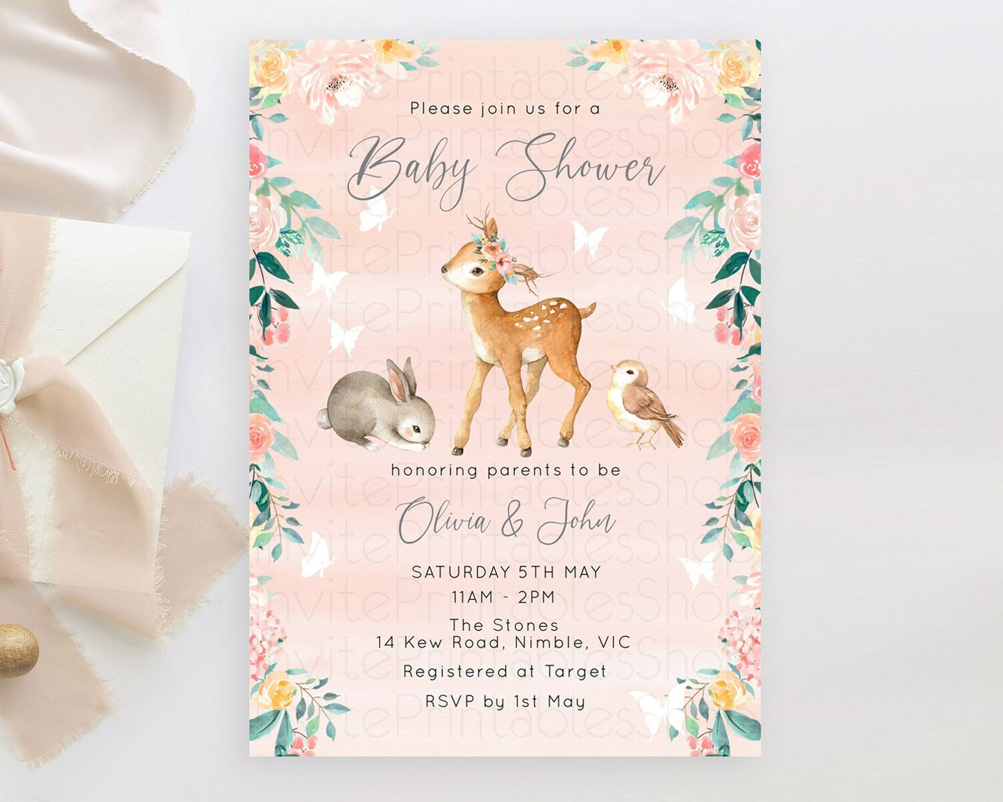 Enchanted Forest Baby Shower Invitation Baby Fawn Invitation Forest Animals, Pastel Deer, Butterflies, Whimsical Pink Orange Flowers D10921