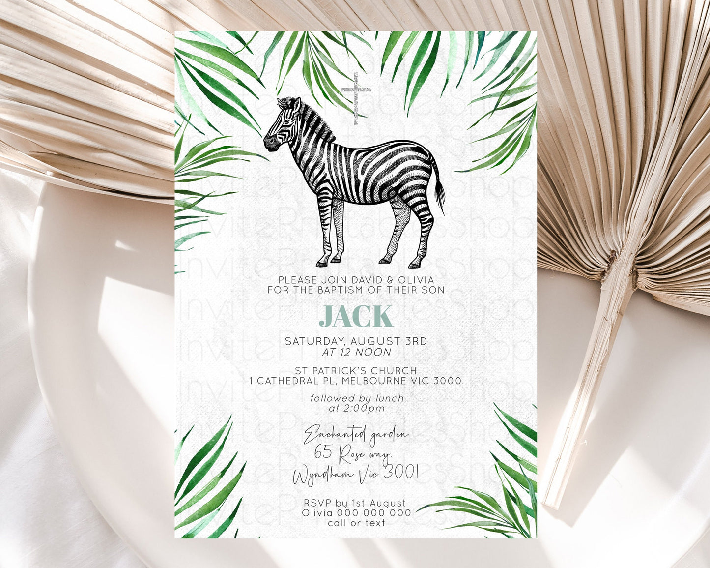 Zebra Baptism Invitation Zebra Baptism 1st Birthday Invitation Jungle Safari Christening Invite Watercolor Tropical Zoo Adventure D10844