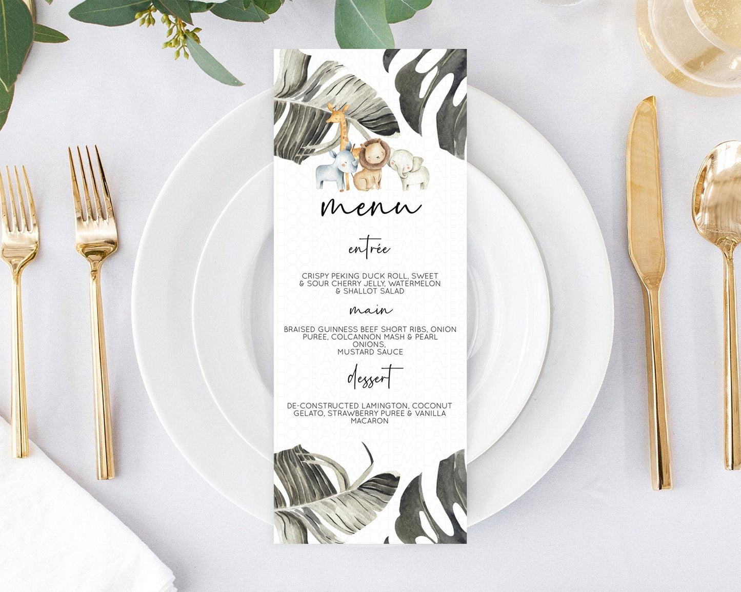 Safari Menu Safari Menu Template Lion Gorilla Elephant Rhino Tropical Palm Zoo Table Decor Safari Dinner Dessert Menu Food Menu D10599