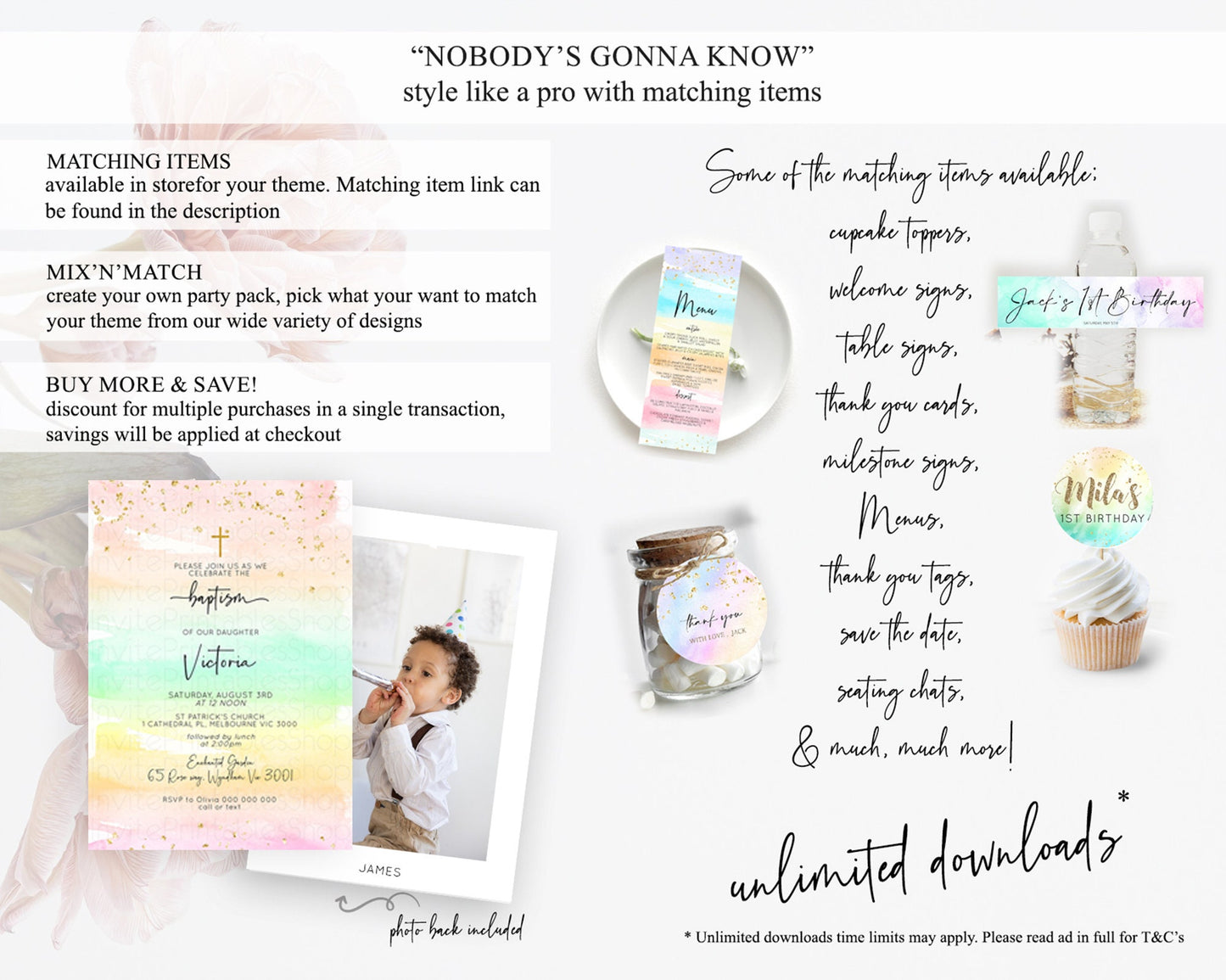 Pastel Baptism Invitation Pastel Colors Watercolor Baptism 1st Birthday Party Gold Ombre Pastel Rainbow Christening Holy Communion D10591