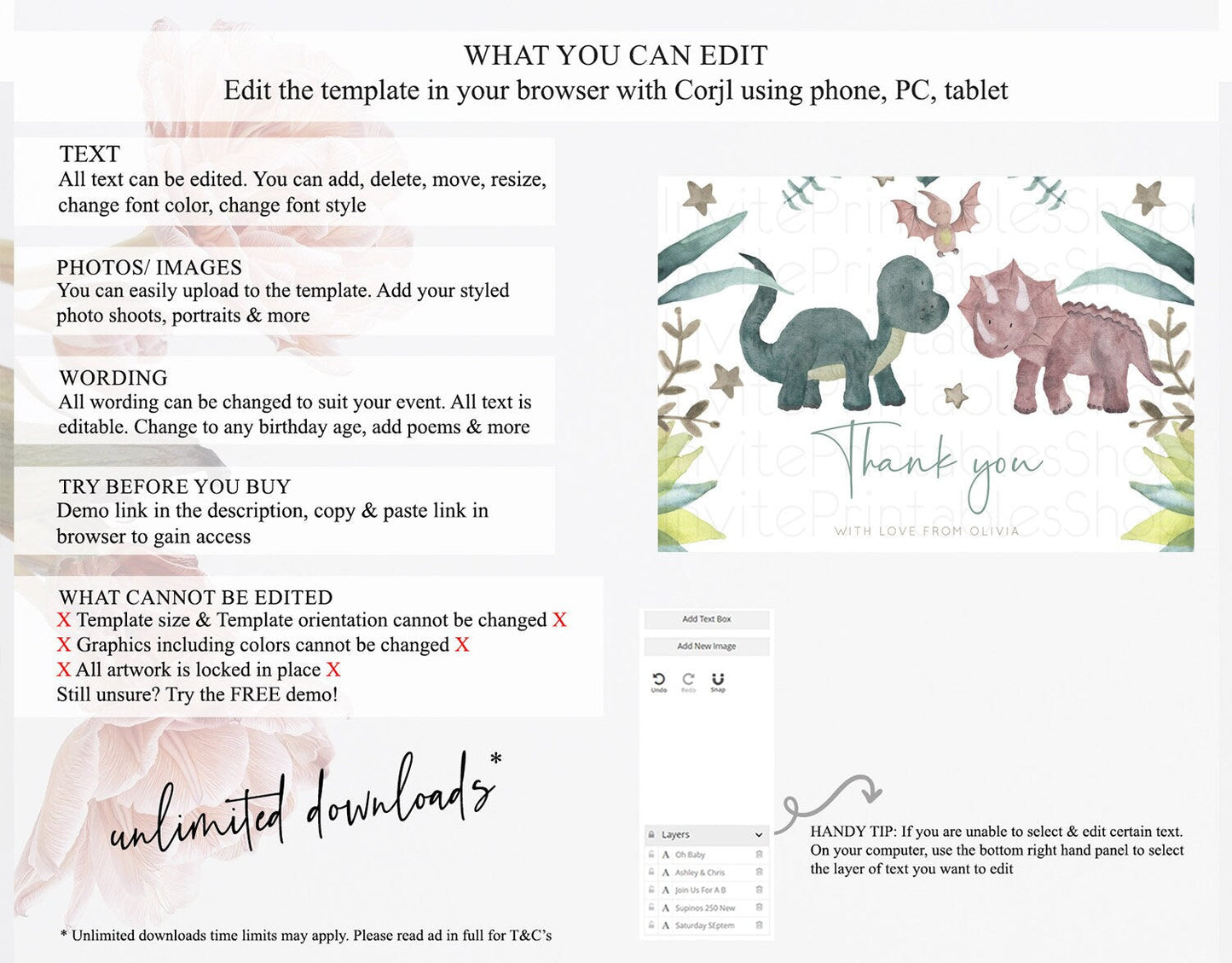 Dinosaur Thank You Dinosaur Volcano Thank You Card Dinosaur Birthday Card Watercolor Volcano T-Rex Raptor Jurassic Teacher Thank You D10597