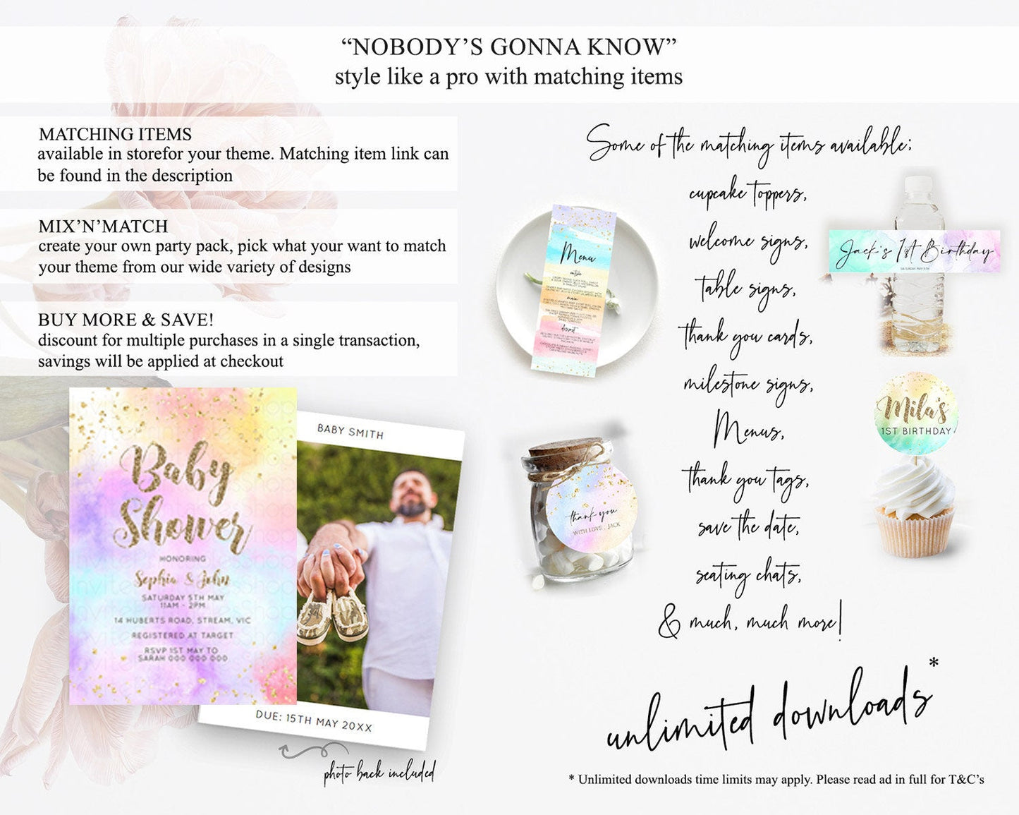 Pastel Rainbow Baby Shower Invitation, Watercolor Splash, Confetti Sprinkles, Colorful Ombre - Blue, Yellow, Purple, Orange, Glitter D10435