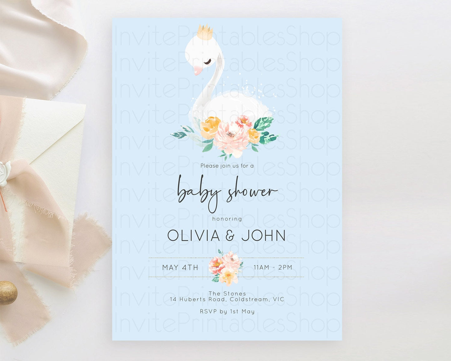 Swan Lake Baby Shower Invitation, Secret Garden, White Swan Princess Ballet, Watercolor Pink Green Floral, Butterflies, Soft Blue D10903