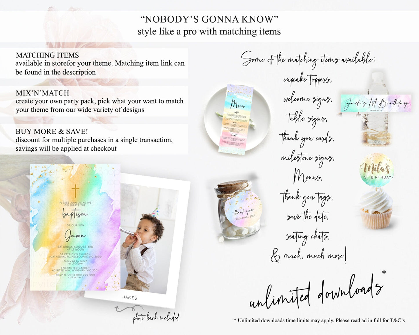 Pastel Baptism Invitation Pastel Colors Watercolor Baptism 1st Birthday Party Gold Ombre Pastel Rainbow Christening Holy Communion D10427
