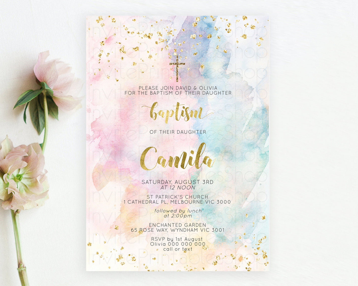 Pastel Baptism Invitation Pastel Colors Watercolor Baptism 1st Birthday Party Gold Ombre Pastel Rainbow Christening Holy Communion D10265