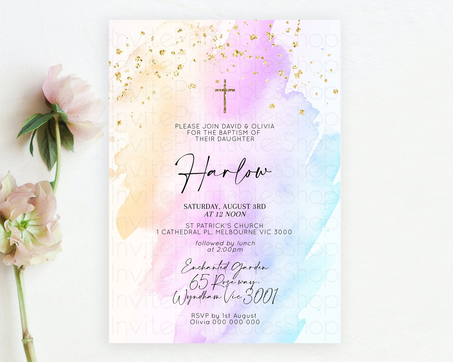 Pastel Baptism Invitation Pastel Colors Watercolor Baptism 1st Birthday Party Gold Ombre Pastel Rainbow Christening Holy Communion D10175