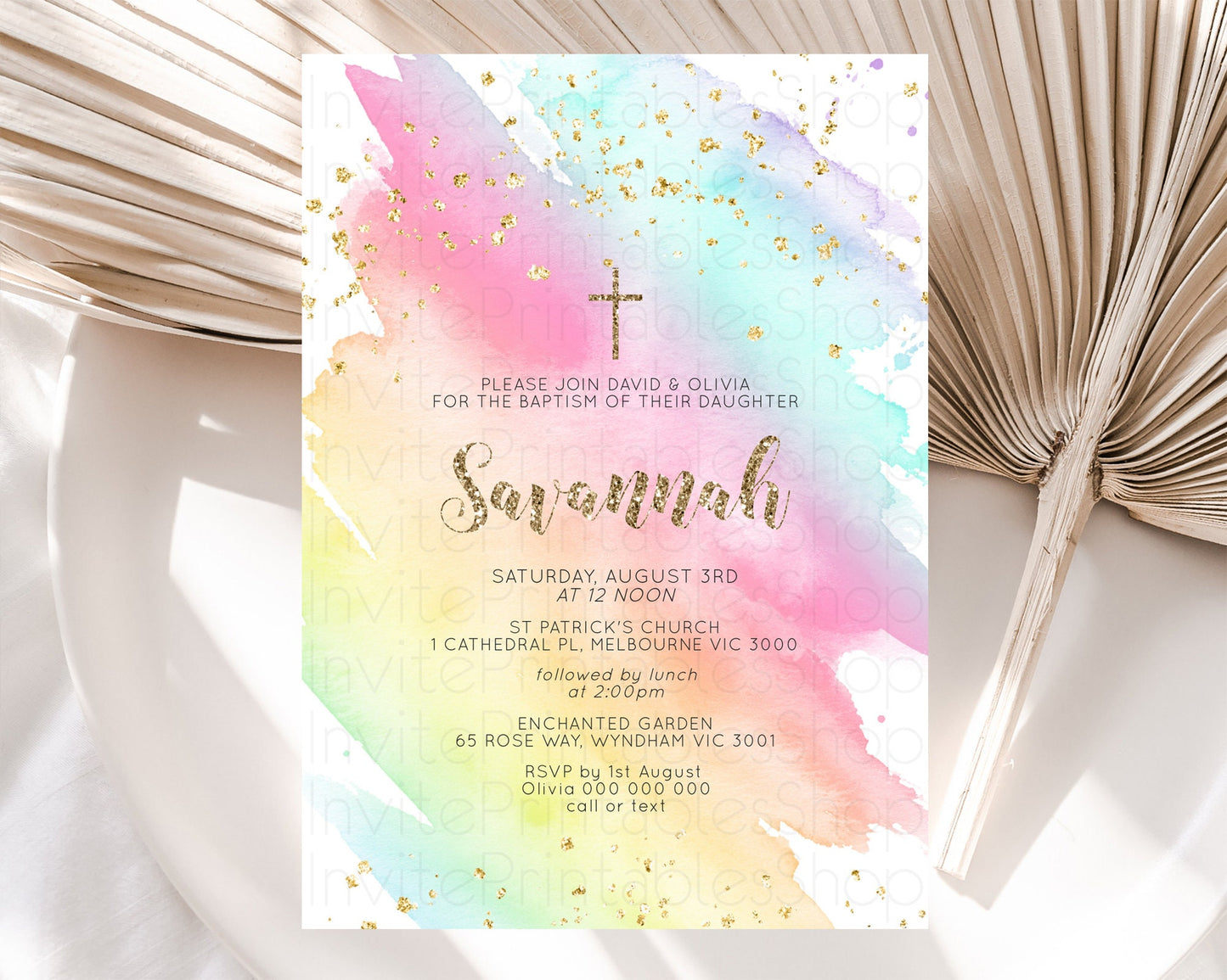 Pastel Baptism Invitation Pastel Colors Watercolor Baptism 1st Birthday Party Gold Ombre Pastel Rainbow Christening Holy Communion D10495