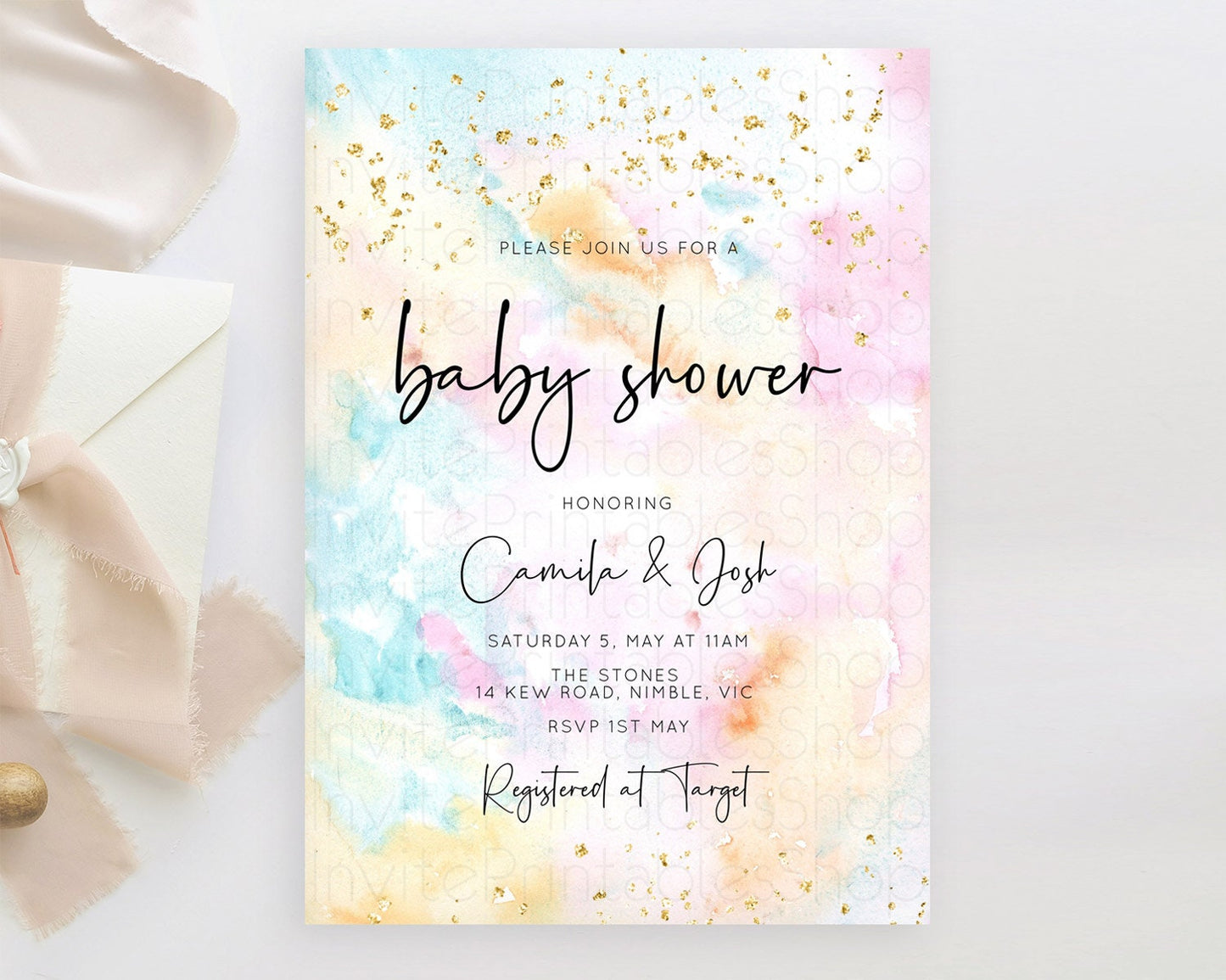 Pastel Baby Shower Invitation Rainbow Baby Shower Invitation Colorful Pastel Watercolor Invitation Gold Glitter Sprinkles Ombre D10548