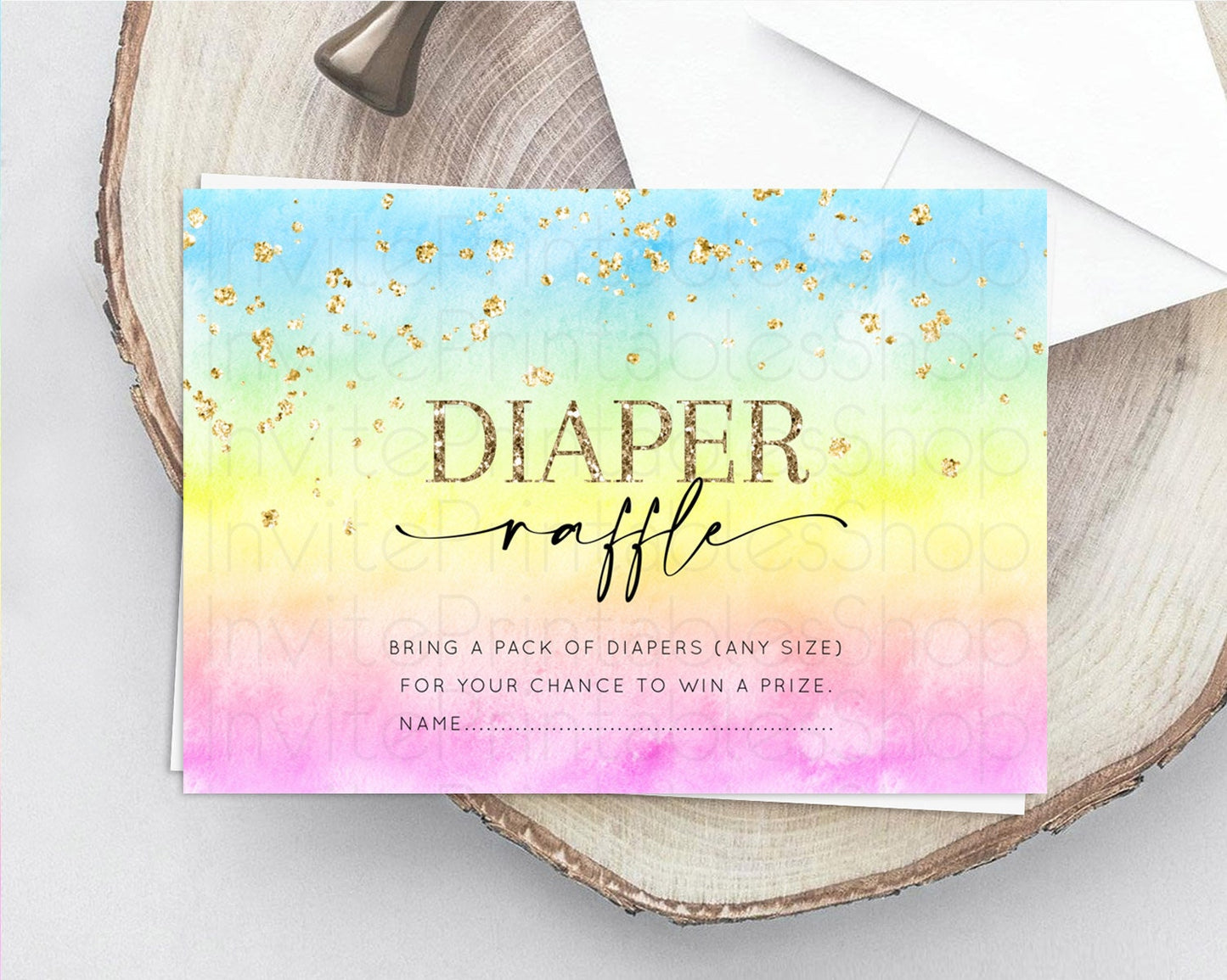 Pastel Diaper Raffle Card Pastel Rainbow Diaper Raffle Insert Colorful Ombre Watercolor Diaper Ticket Confetti Glitter Raffle Game D10483