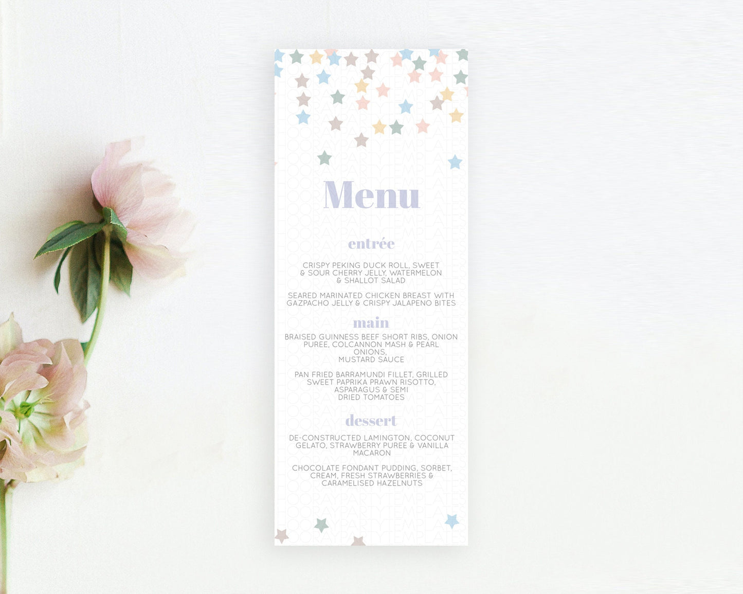 Star Menu Template Pastel Stars Menu Shooting Star Twinkle Little Star Decor Rainbow Colorful Confetti Dinner Dessert Food Menu D10795