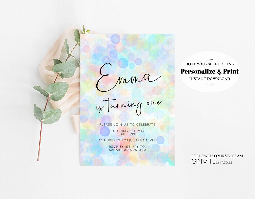 Colorful Birthday Invitation Pastel Rainbow Invite Confetti Sprinkles Bubbles Paint Fun Simple Modern White Custom T500