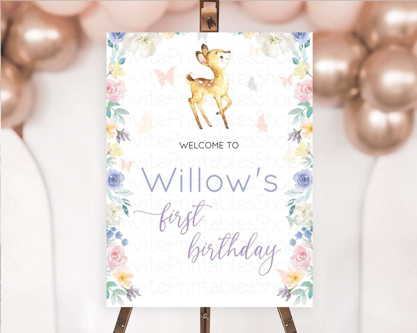 Fawn Welcome Sign Deer Welcome Board Floral Deer Welcome Poster Enchanted Forest Butterfly Pastel Floral First Birthday Welcome Sign D11001