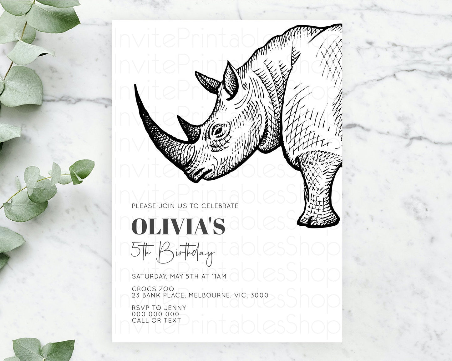 Rhino Birthday Invitation Rhino Invitation Rhino Birthday Rhino Safari Adventure Invite Rhino Palm Leaf Invite Zoo Party D10253