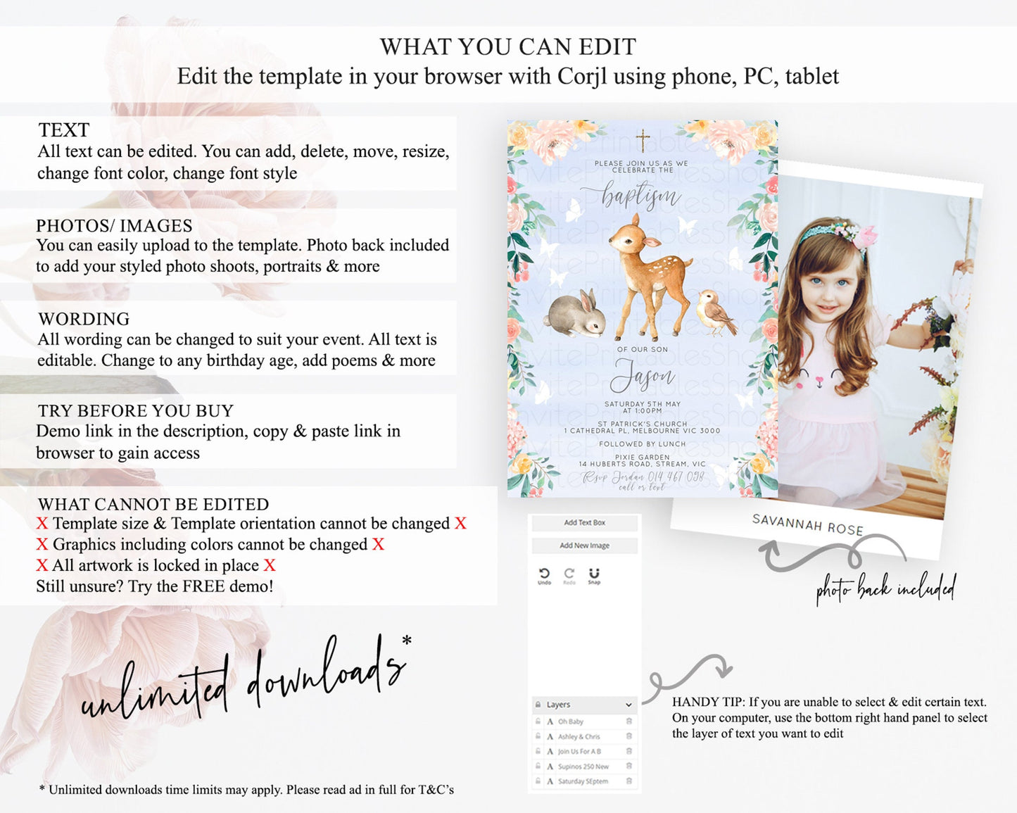 Fawn Baptism Invitation Deer Baptism 1st Birthday Invitation Enchanted Forest Christening Invitation Pastel Garden Butterfly Floral D10920