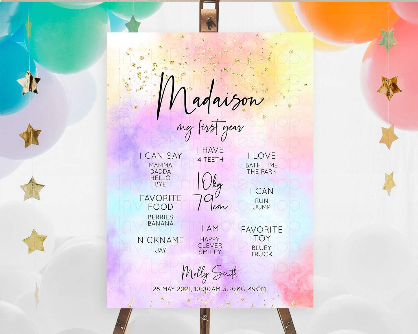 Pastel First Birthday Milestone Board Pastel Rainbow Milestone Poster Colorful Confetti Watercolor Glitter 1st Birthday Welcome Sign D10437