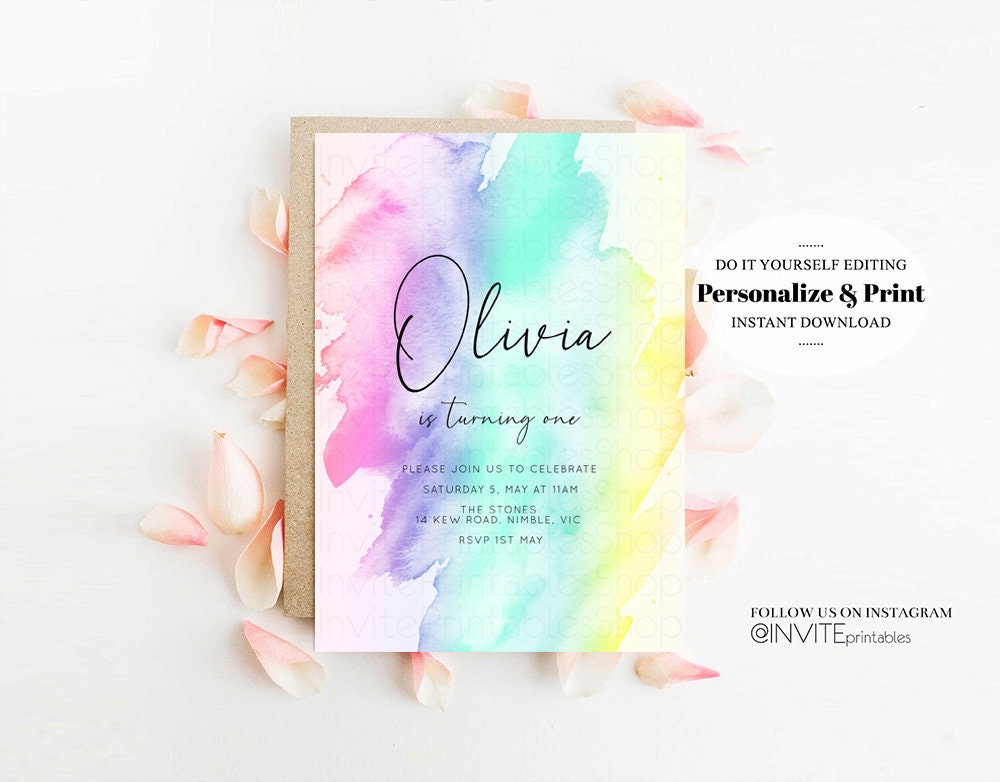 Rainbow Birthday Invitation Ombre Pastel Invite Colorful Watercolor Splash Invite Gold Glitter Sprinkles 1st 2nd 3rd Birthday Invite C210