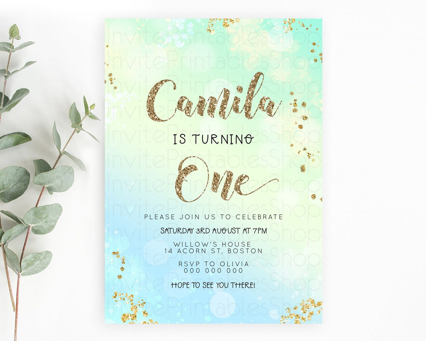 Green Birthday Invitation green Watercolor Invitation Pastel green Watercolor Invitation green Splash Gold Invitation First Birthday D23114