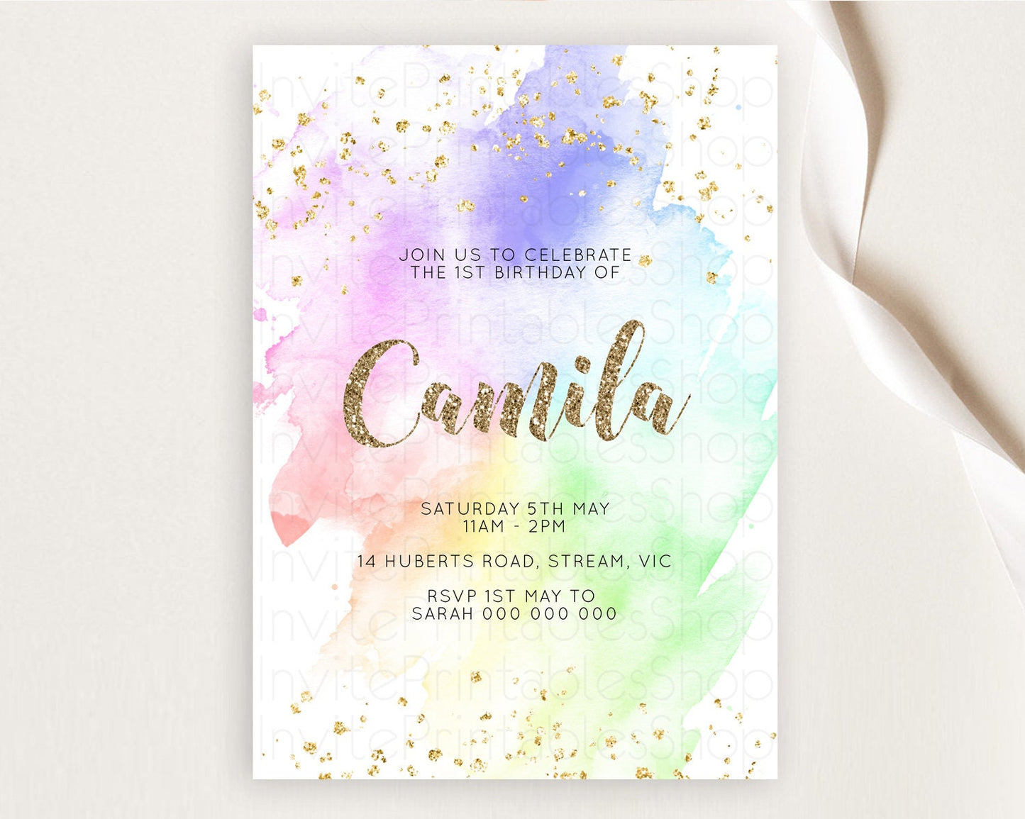 Rainbow Birthday Invitation Colorful Pastel Watercolor Invitation Gold Glitter Sprinkles Ombre Pastel 1st 2nd 3rd Birthday D10319
